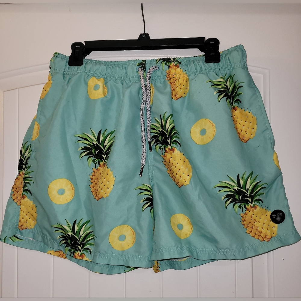 Molokai pineapples and slices mens tropical swimming trunks size large NWOT